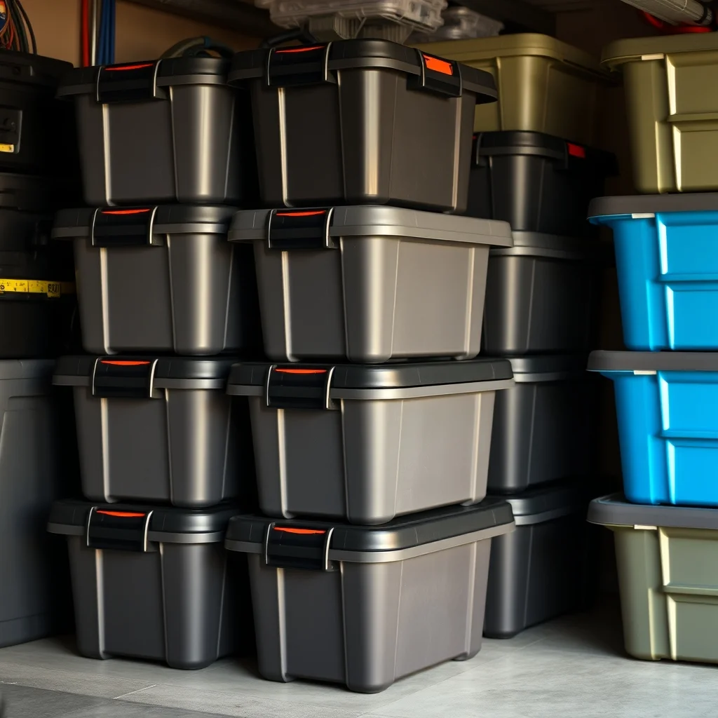 Stack of heavy duty plastic storage totes with latching lids in various sizes, garage storage