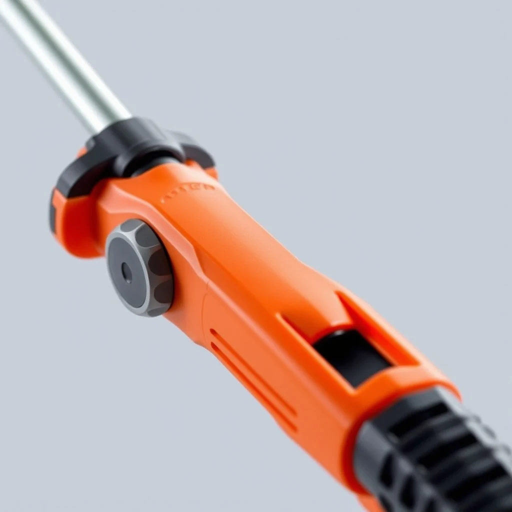 Straight-shaft gas string trimmer close-up showing line head and shaft detail