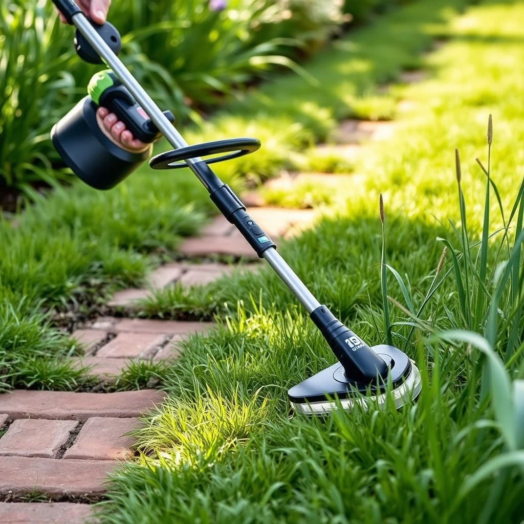 Battery-powered string trimmer trimming grass along a brick path, product photograph