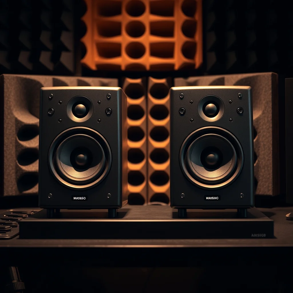 Pair of studio monitor speakers on desk with acoustic foam product photograph