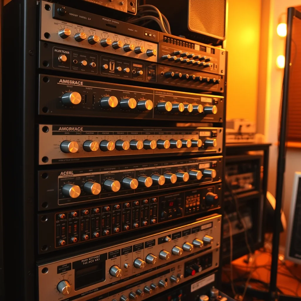 Vintage studio outboard rack with compressors and equalizers, product studio photograph