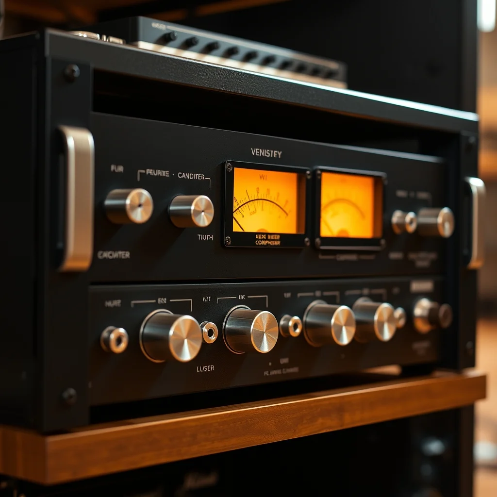 Vintage 1176 compressor rack unit in studio, close-up product photograph