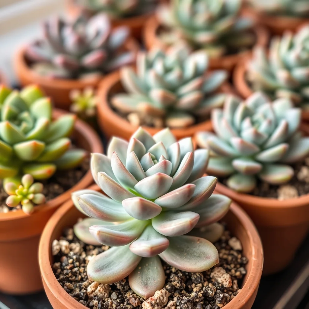 Succulent plants in terracotta pots product photograph showing healthy rosette echeveria and haworthia on a light wooden surface
