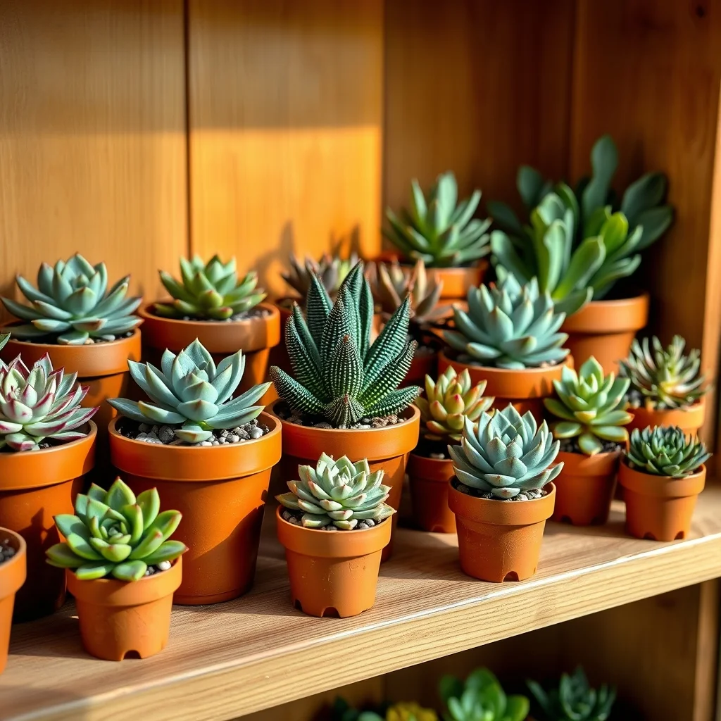 Collection of succulent plants in terracotta pots on a wooden shelf, close-up product photograph showing varied rosette and columnar forms