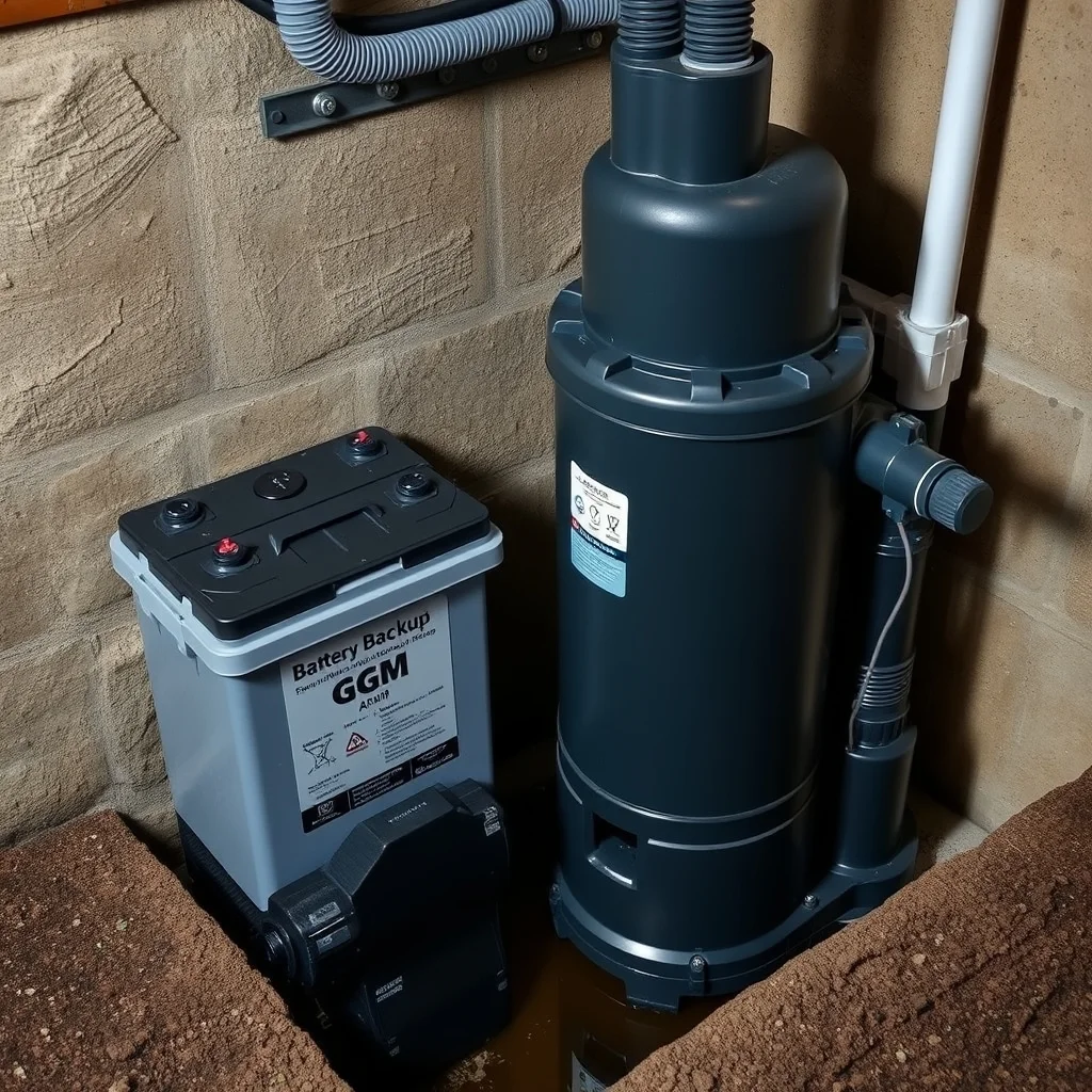Battery backup sump pump system alongside primary submersible pump in basement pit, product photography