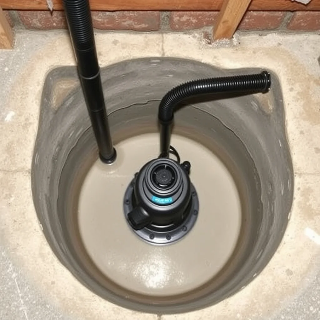 Submersible sump pump in concrete pit with discharge pipe, product photography