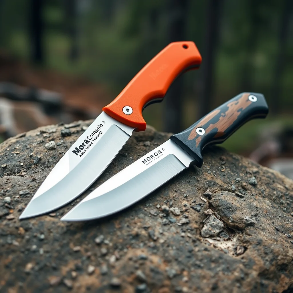 Mora Companion and ESEE 5 fixed-blade knives on granite, scandi grind bevel detail, editorial product photograph