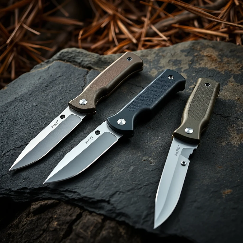 Three survival knives on slate with forest background, editorial product photograph