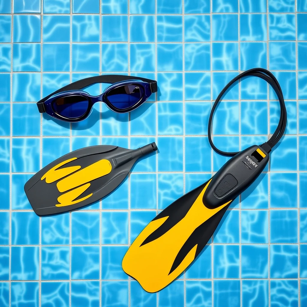Swimming training equipment laid on pool deck — goggles, fins, hand paddles, pull buoy and kickboard