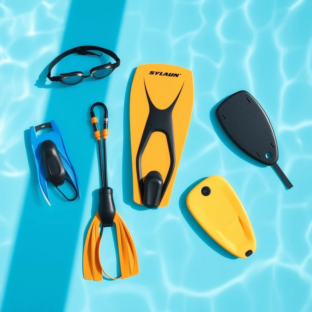Swimming training equipment — goggles, fins, hand paddles and pull buoy laid out on pool deck