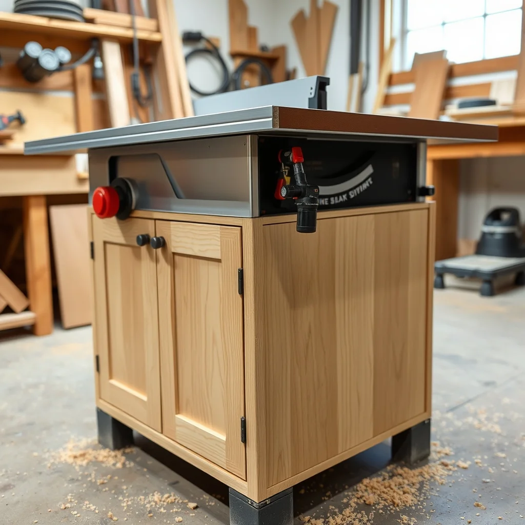 Table saw with rip fence and blade guard in a clean workshop, editorial product photograph