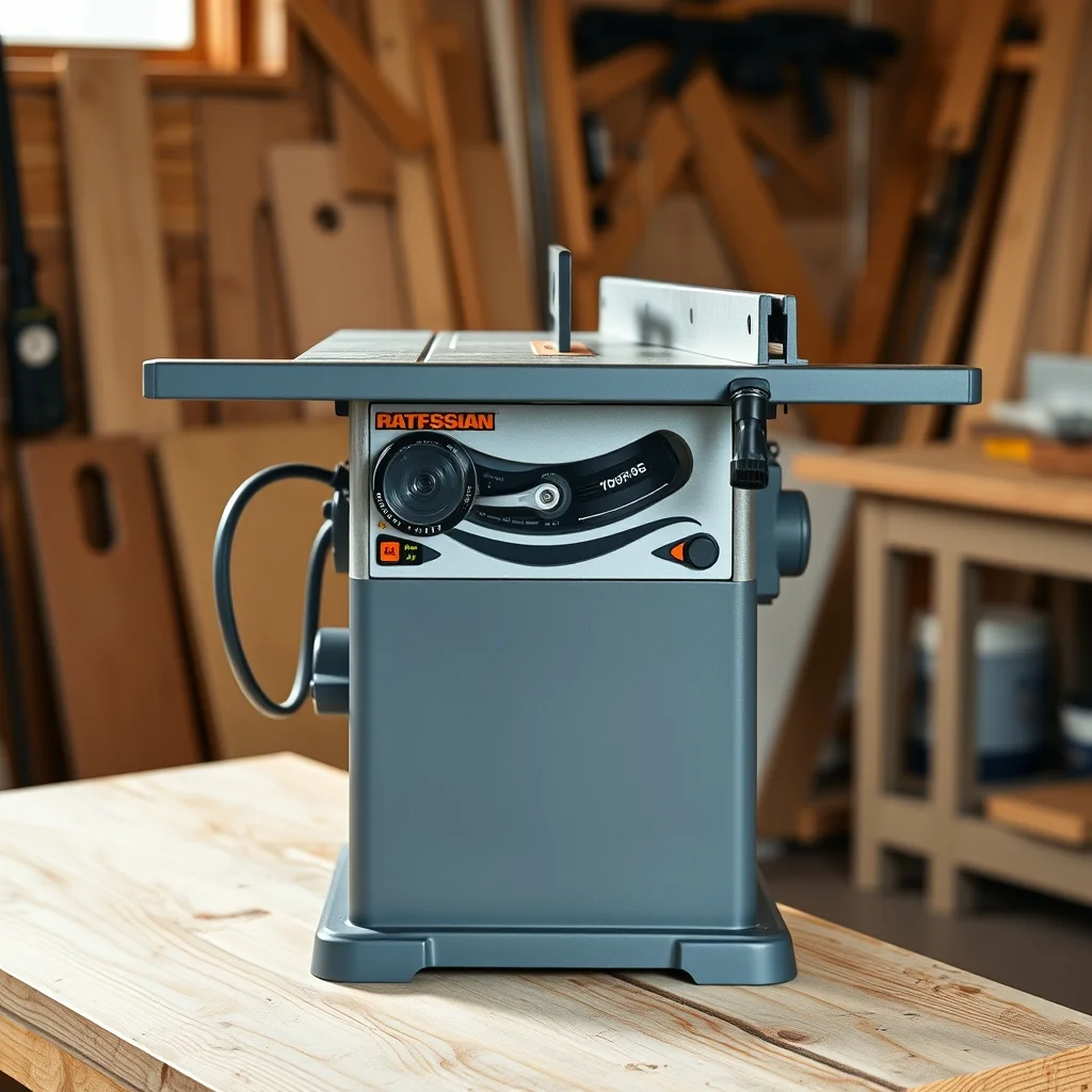 Professional table saw with fence on a clean workshop bench, product photograph