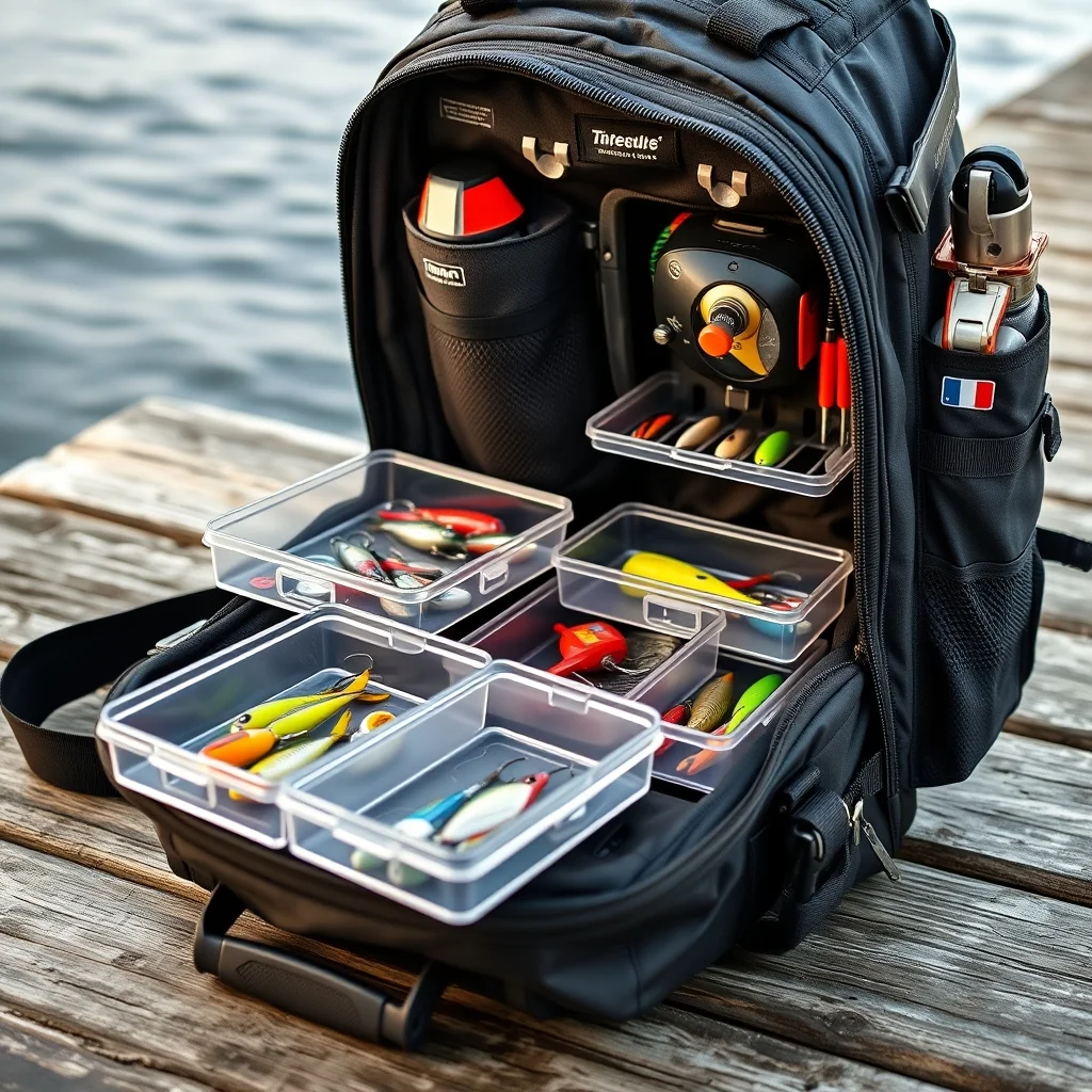 Tackle backpack open on boat deck showing organized utility trays with fishing lures, product photography