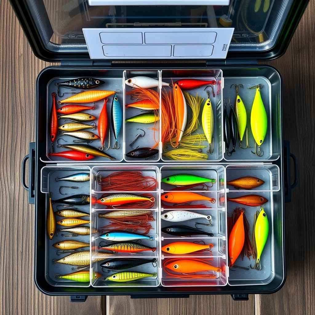 Open tackle box with organized fishing lures and soft plastics in compartmented trays, product photography