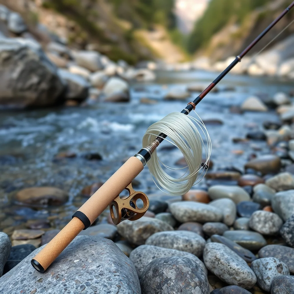 Tenkara telescoping rod with furled line attached, resting on smooth river rocks beside clear mountain stream, product photograph