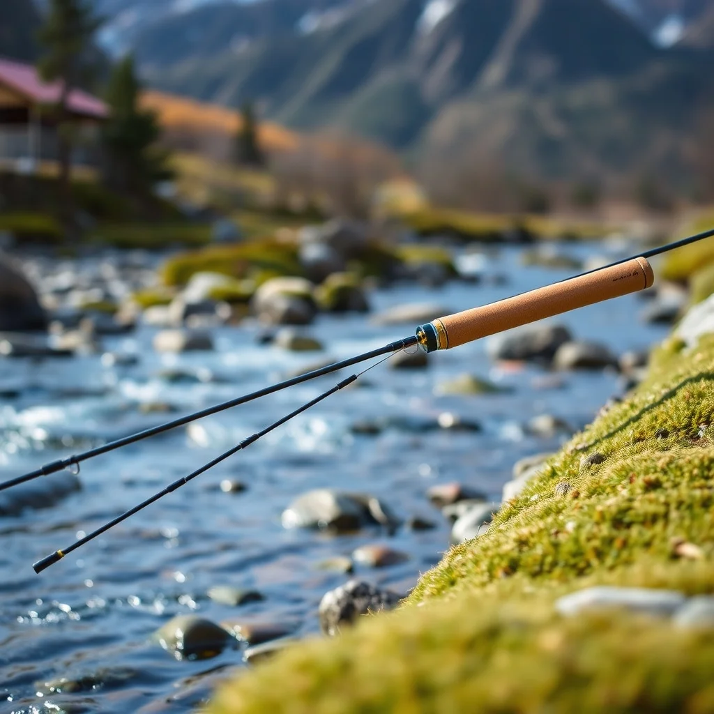 Tenkara telescoping rod extended on mossy streambank with mountain stream in background, product photograph