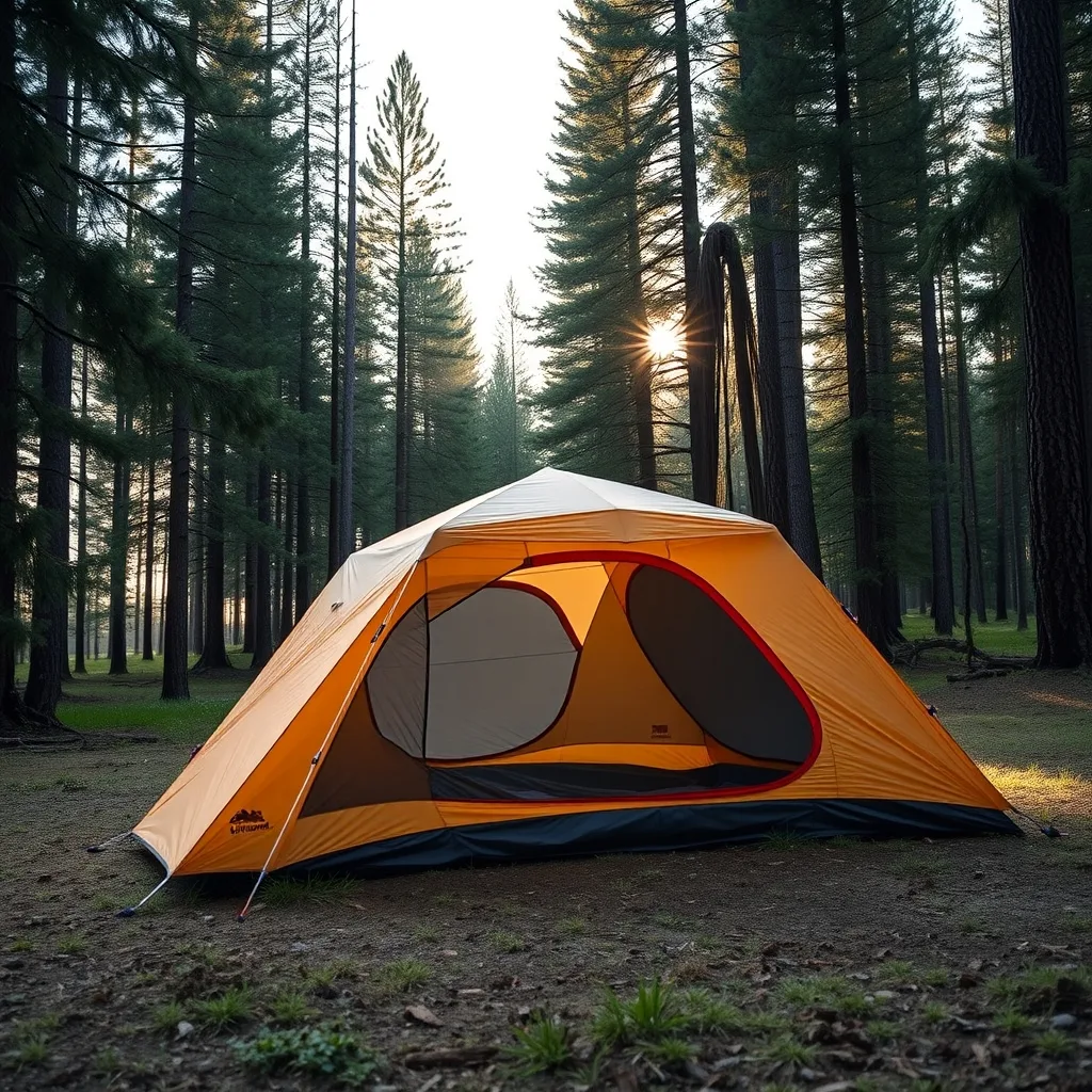 Double-wall backpacking tent with rainfly pitched in a forest clearing, product photography