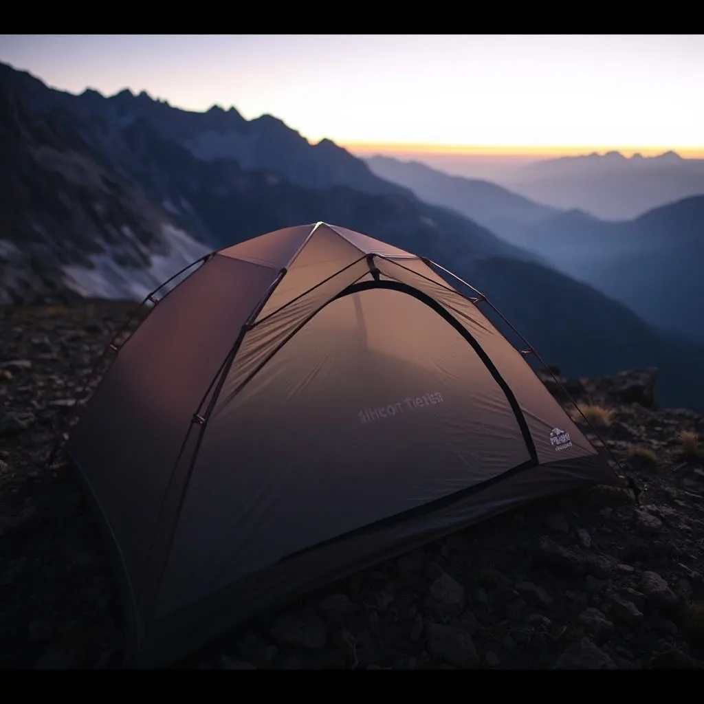 Backpacking tent pitched on a mountain ridge at dawn, product photography