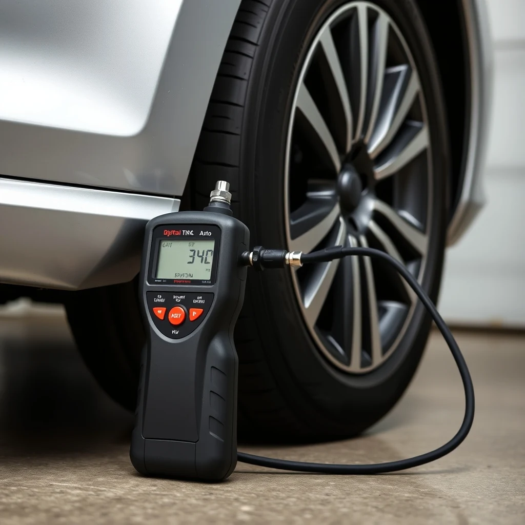 Digital tire inflator with auto shut-off attached to car tire valve stem, product photograph