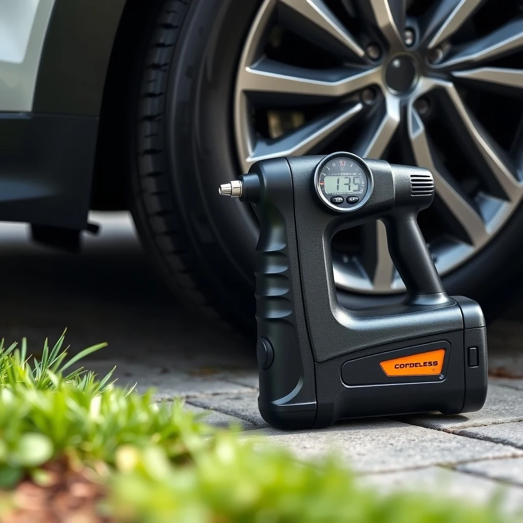 Cordless tire inflator with digital gauge on garage floor beside car tire, product photograph