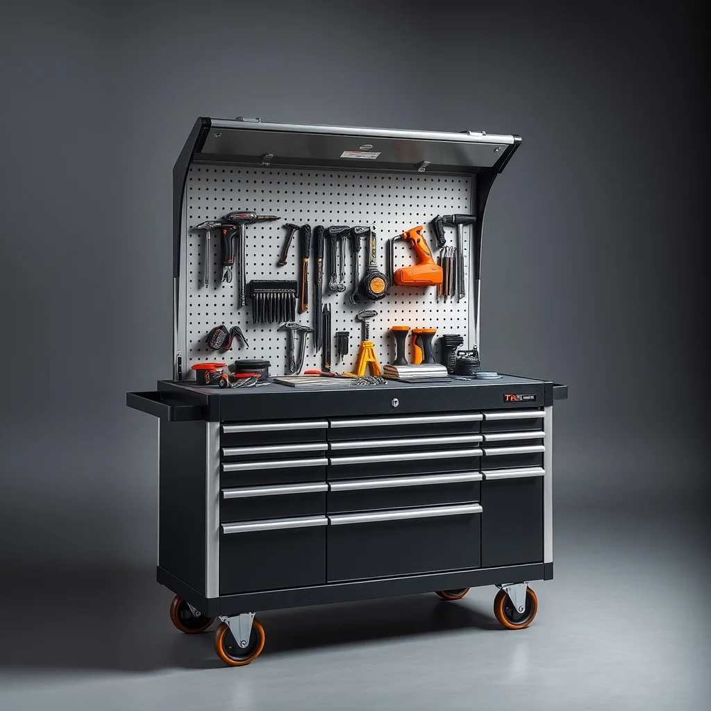 Large rolling tool chest with open drawers showing organized tools, product photograph