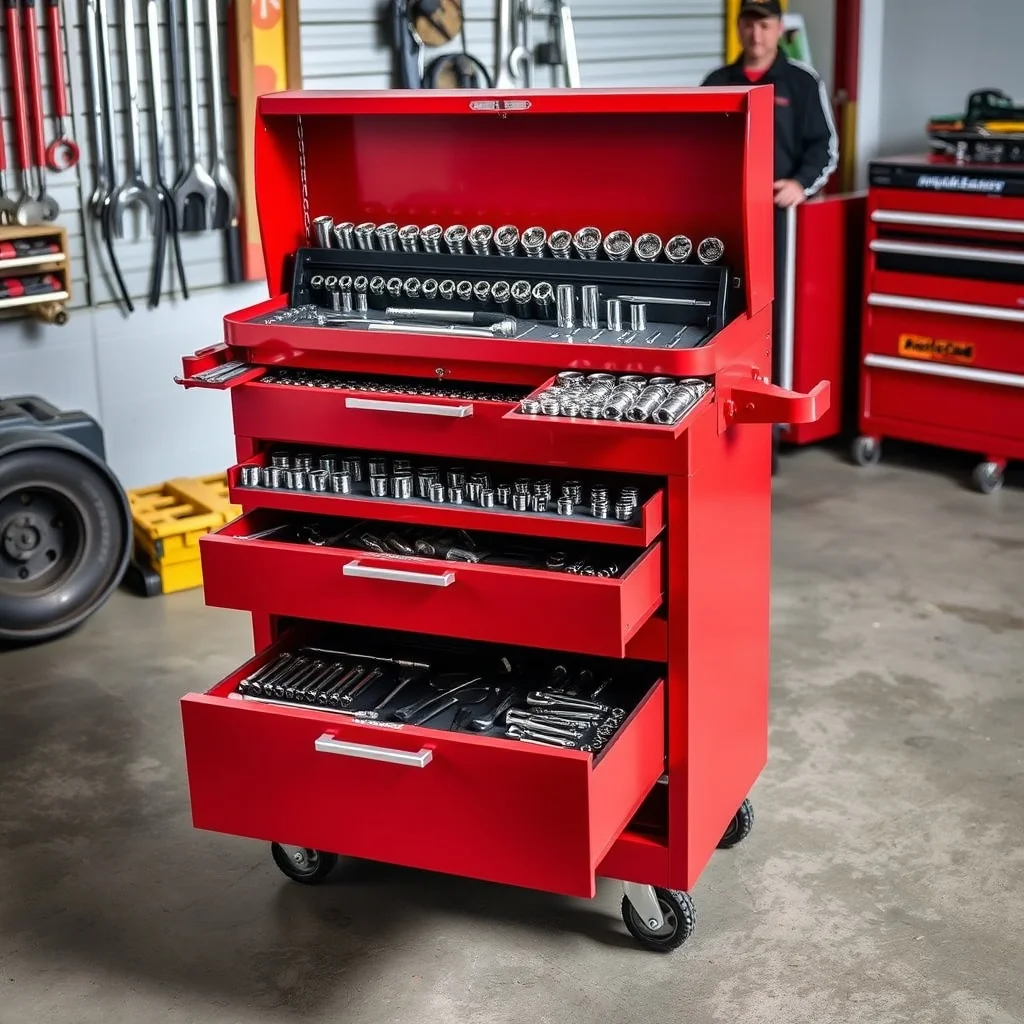 Red rolling tool chest with multiple drawers in a garage workshop, product photograph