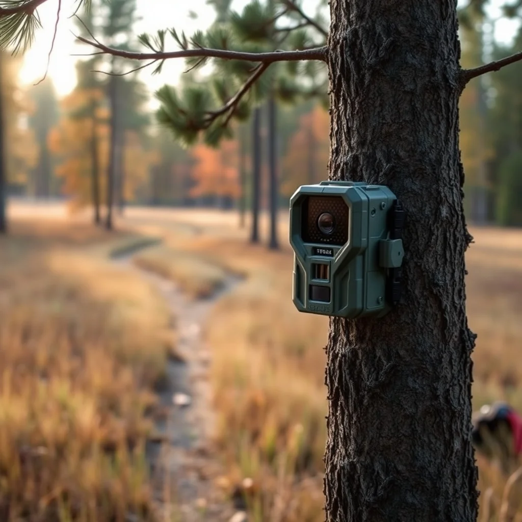 Trail camera mounted on a tree with forest background, product photography