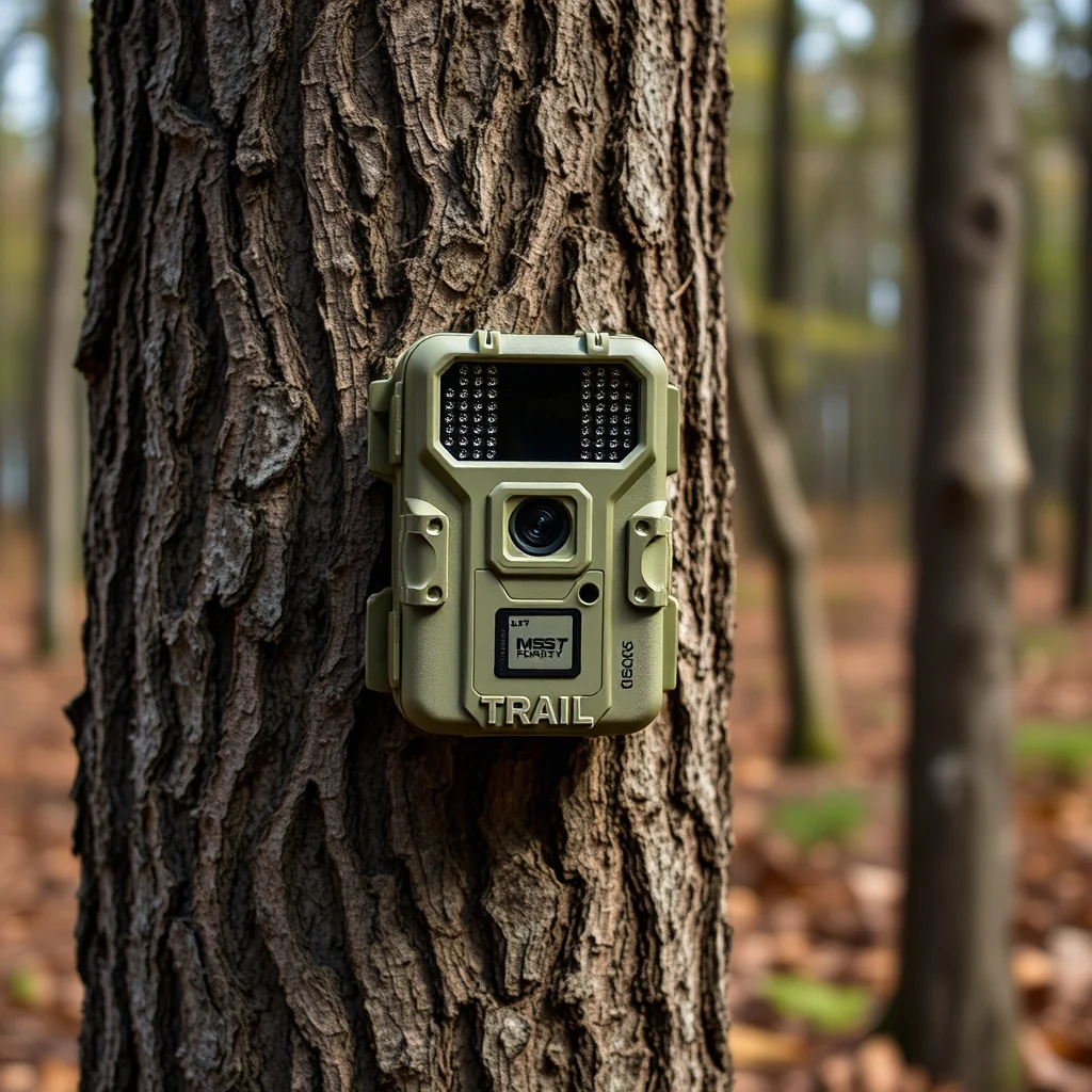 Trail camera mounted on a tree trunk in a forest, product photography