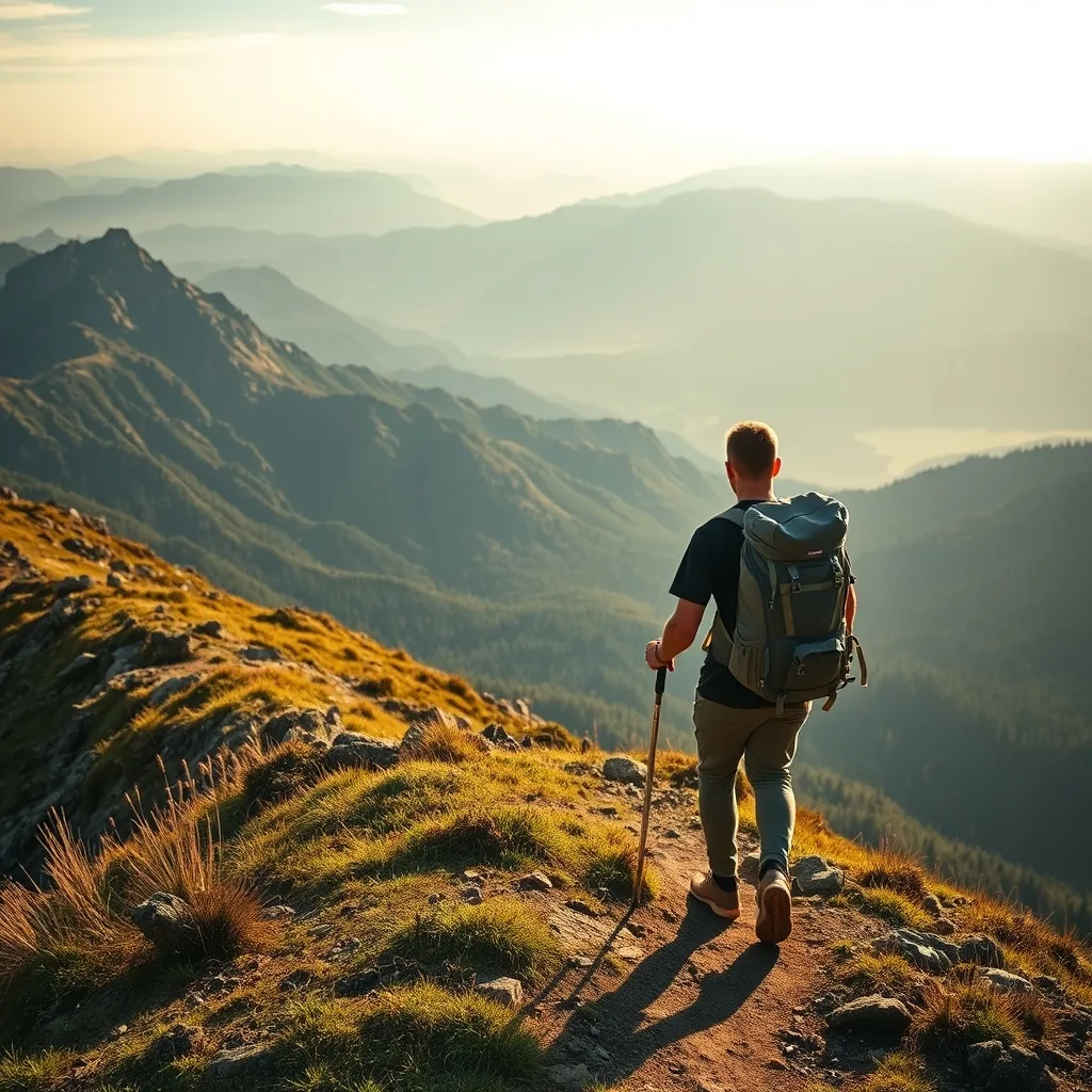 Ultralight backpack packed and leaning against a trail sign in mountain wilderness, editorial photograph