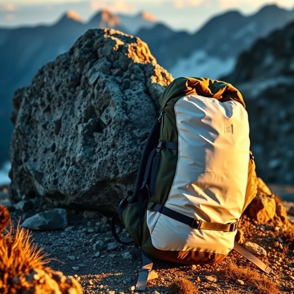 Ultralight DCF backpack leaning against granite boulder on mountain trail, editorial product photograph