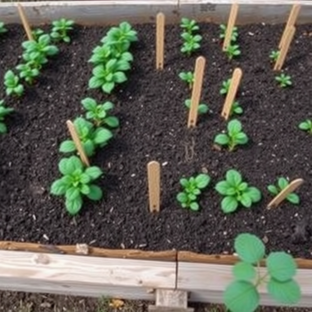 Raised cedar garden bed with rows of young vegetable seedlings, overhead product photograph