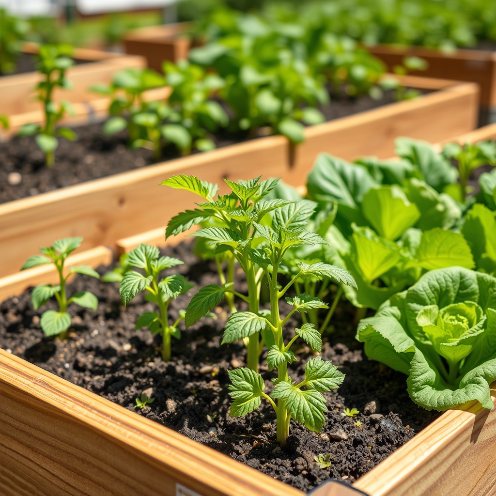 Raised wooden vegetable garden bed filled with healthy green plants, close-up product photograph