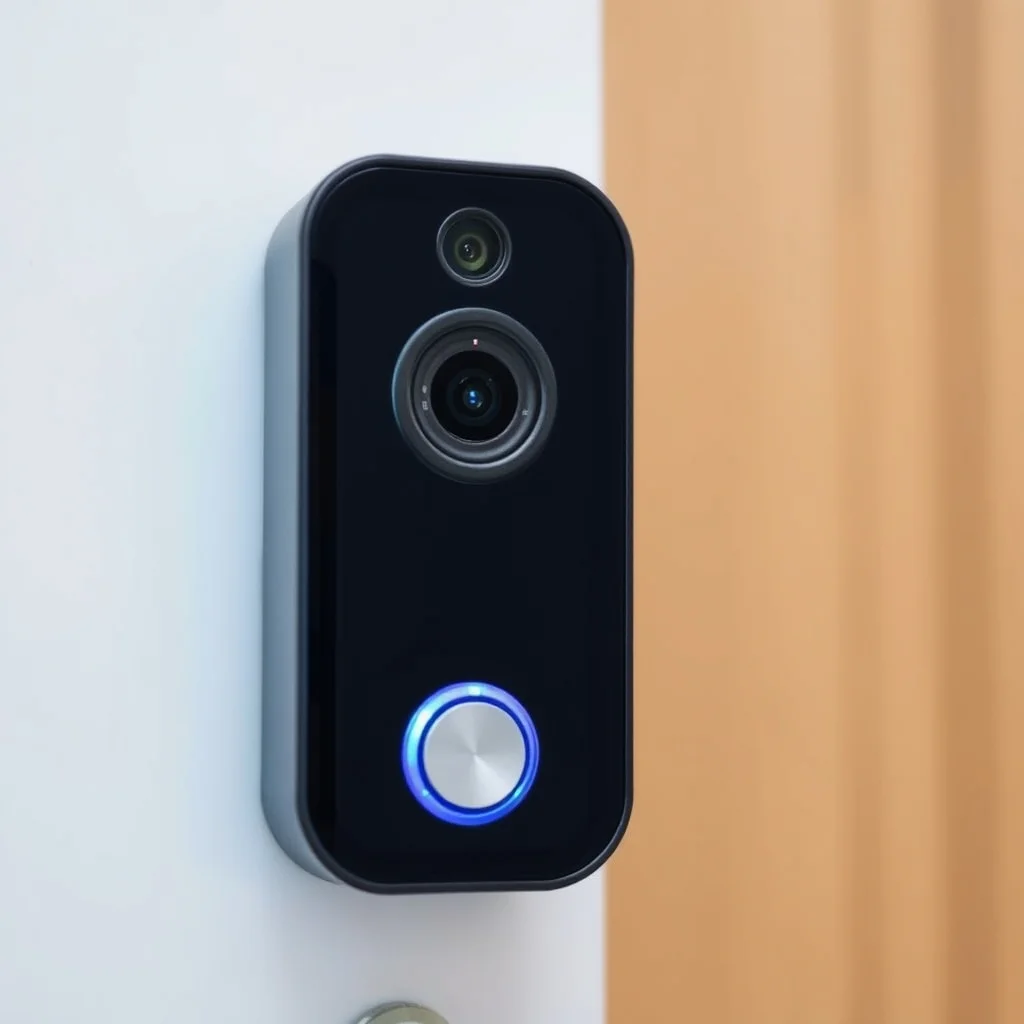 Smart video doorbell with display showing visitor on doorstep, product photography on neutral background