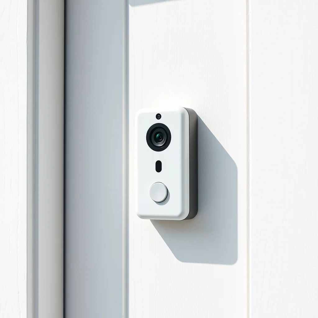 Video doorbell mounted on white door frame, close-up product photography