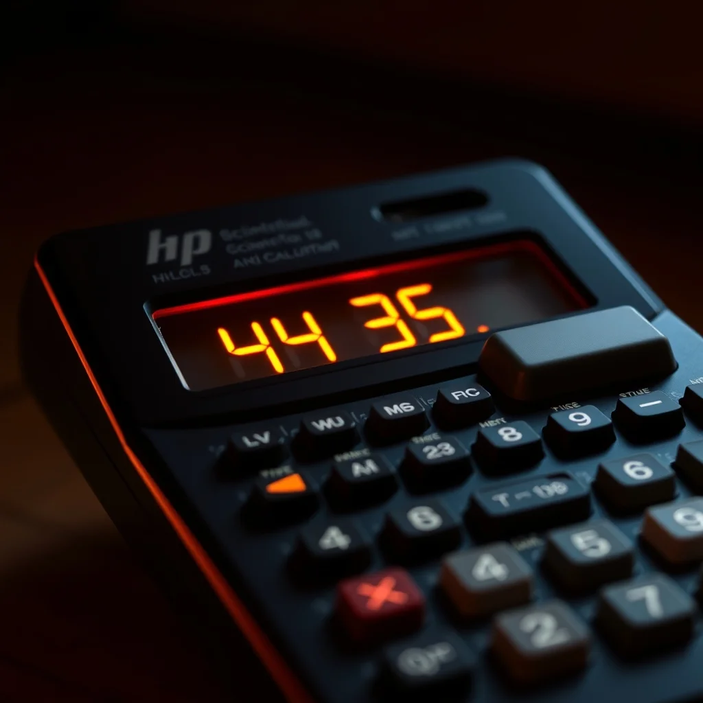 Collection of HP scientific calculators from the 1970s arranged on a wooden surface, editorial product photograph