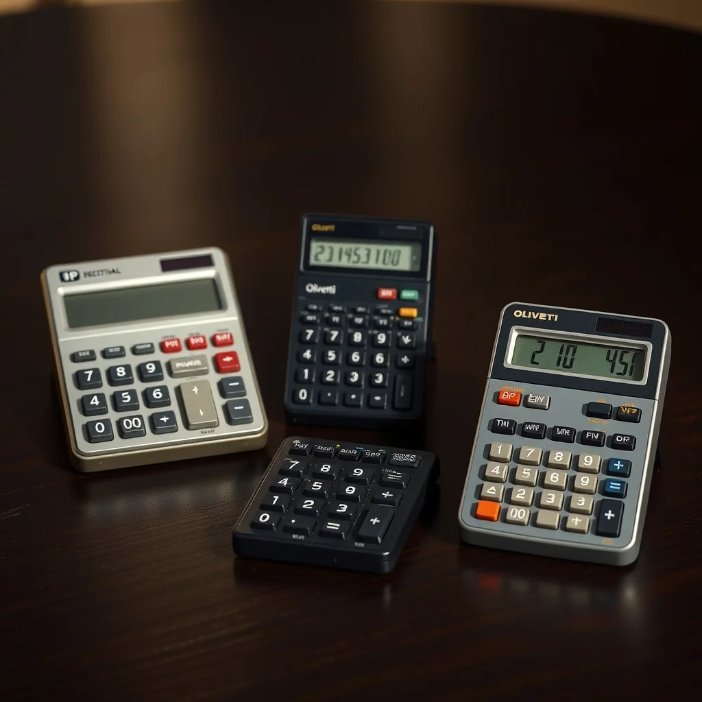 HP-35 and HP-12C calculators arranged on a wooden desk, editorial product photograph