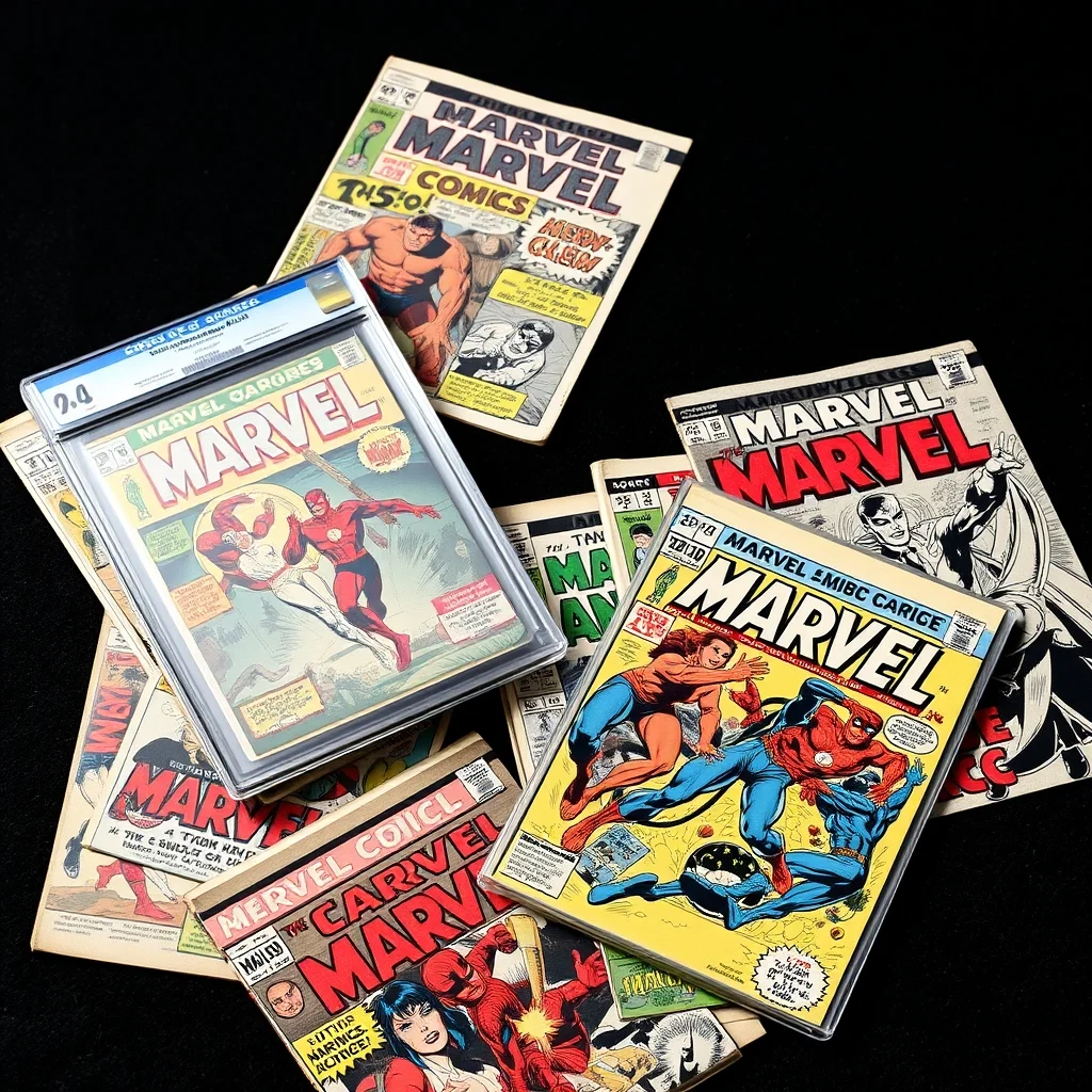 CGC-slabbed Silver Age comic book alongside raw vintage issues on collector table