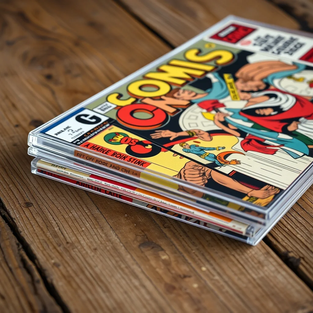 Vintage comic book stack with CGC slab on aged wood surface, product photograph
