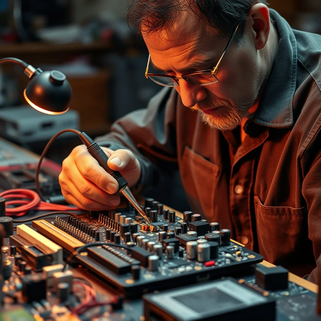 Electronics technician recapping a vintage Apple II motherboard with soldering iron, workshop setting