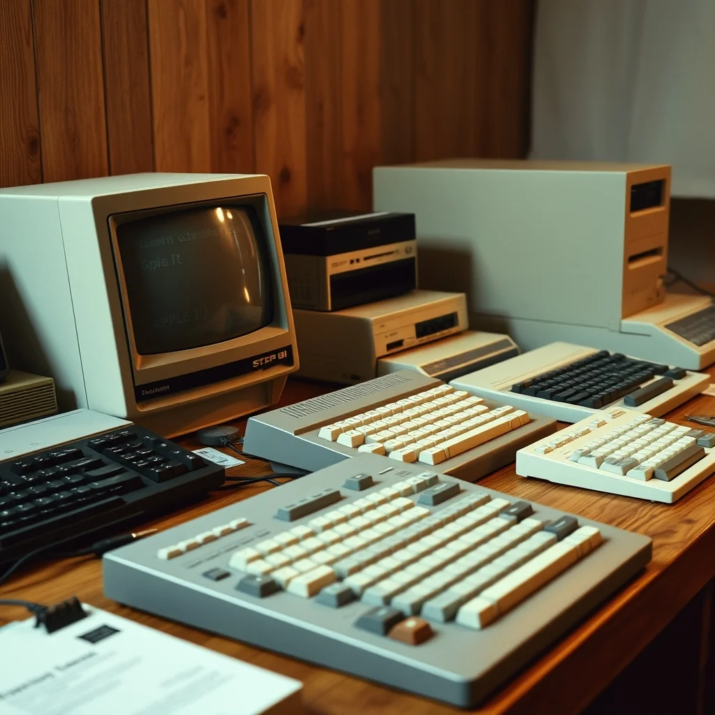 Collection of vintage computers including Apple II and Commodore 64 on wooden desk, studio photograph