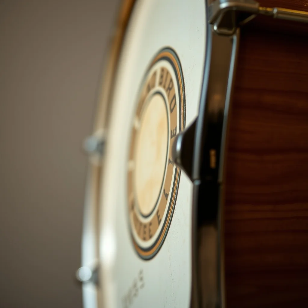 Vintage drum shell close-up showing round badge and wood grain detail