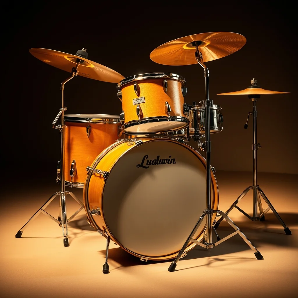 Vintage Ludwig drum kit with chrome hardware, studio product photograph