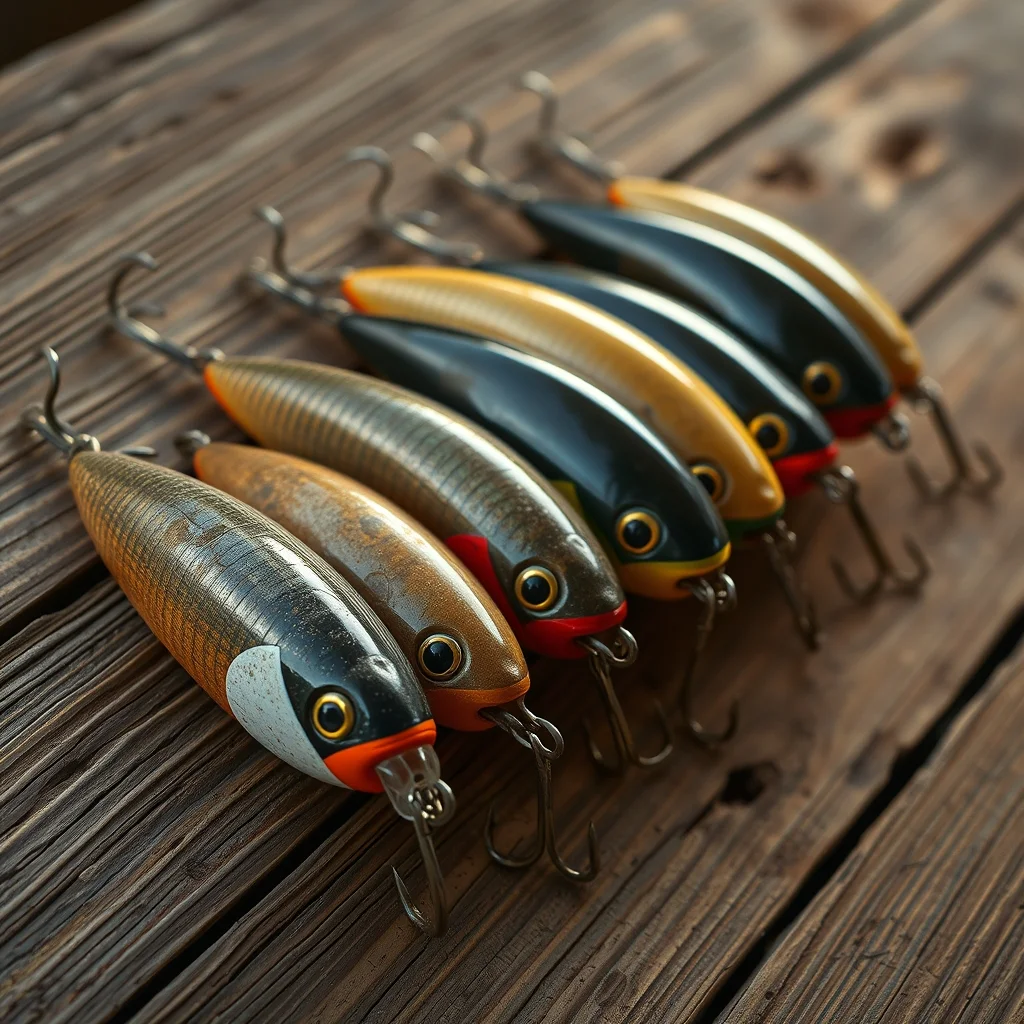 Vintage wooden fishing lures arranged on aged tackle box wood, editorial product photograph showing multiple classic lure styles