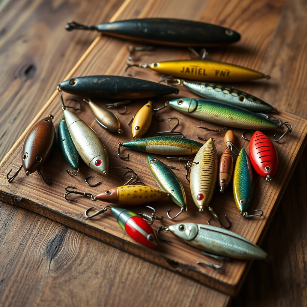 Collection of vintage wooden fishing lures on aged tackle box, editorial product photograph