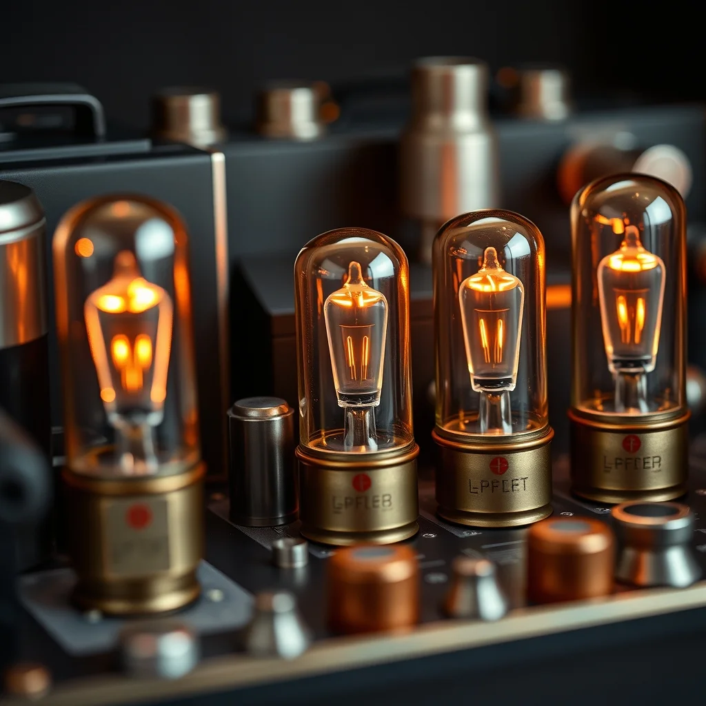 Vintage tube amplifier chassis with glowing vacuum tubes