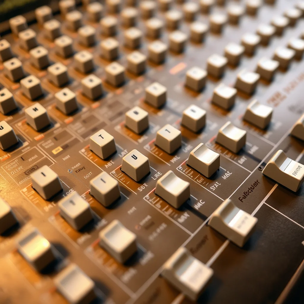 Vintage analog mixing console faders and channel strips, close-up product photograph