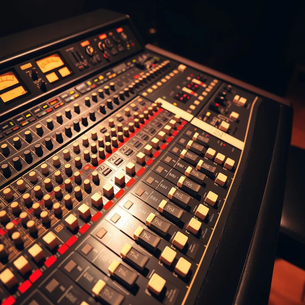 Vintage analog mixing console with faders and knobs, studio product photograph