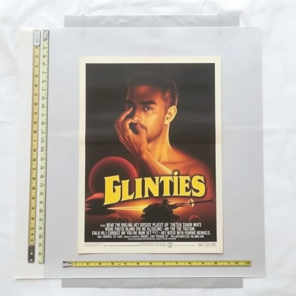 Classic vintage movie poster one-sheet laid flat on archival mat with measuring tape showing dimensions
