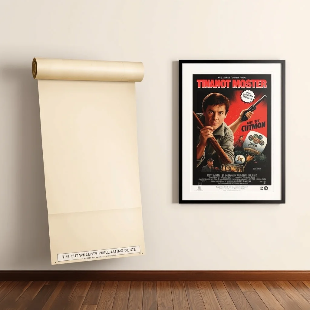 Rolled vintage movie poster one-sheet in archival tube alongside framed classic film poster on wall, product photograph