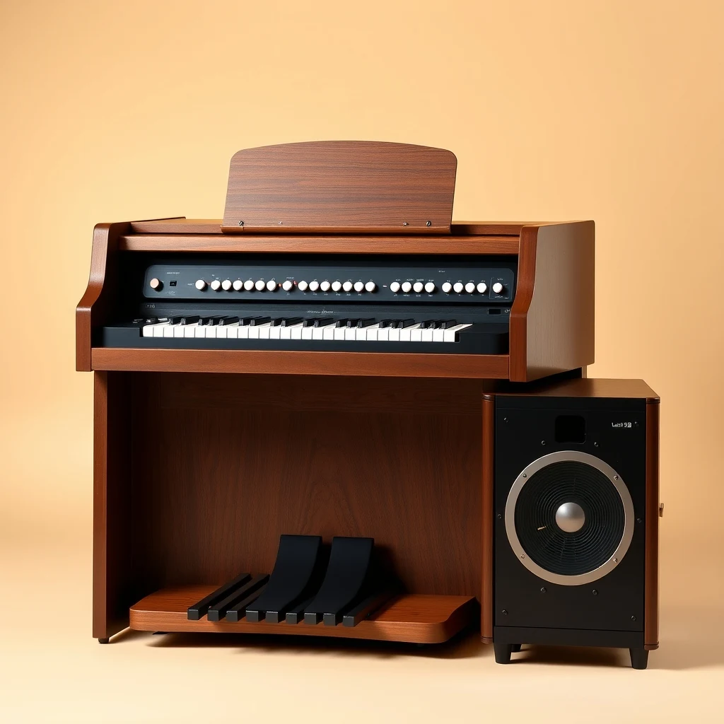 Hammond B3 organ with Leslie speaker cabinet, vintage music studio product photograph